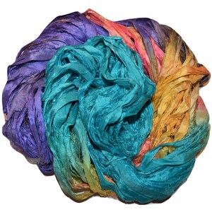 10 yards  Bright shade3 multi Recycled Sari Silk Ribbon Yarn, Upcycled,  wrapping ribbon