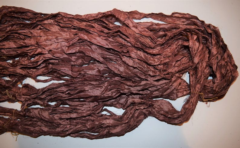 10 yards Bronze Brown Recycled Sari Silk Ribbon Yarn image 1