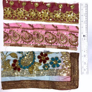 Embroidered Sari Silk Ribbon Bundle: Bohemian Junk Journal Textile (3 psc 12&quot;x4&quot;)