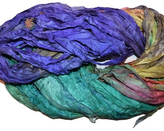 10 yards Recycled Sari Silk Ribbon Yarn Sea Garden