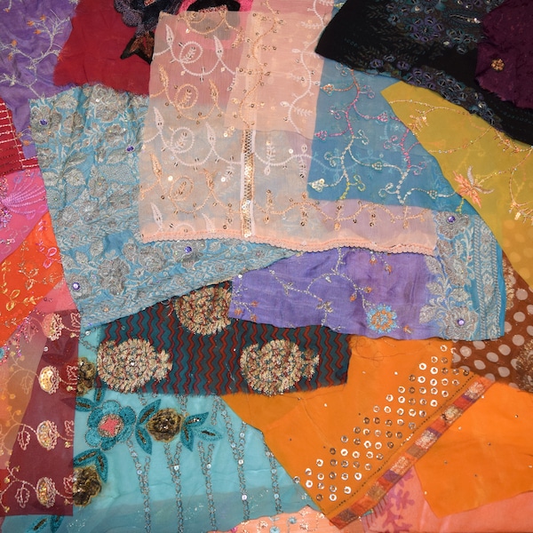 10 QTY Fancy 12X12 inch Sari Fabric Bundle: Vintage Embroidered Beaded Textile