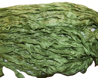 10 yards  Green Recycled Sari Silk Ribbon Yarn
