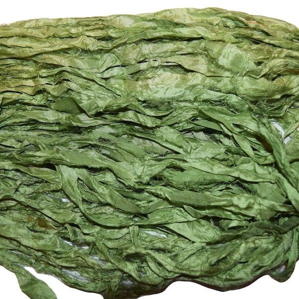10 yards  Green Recycled Sari Silk Ribbon Yarn