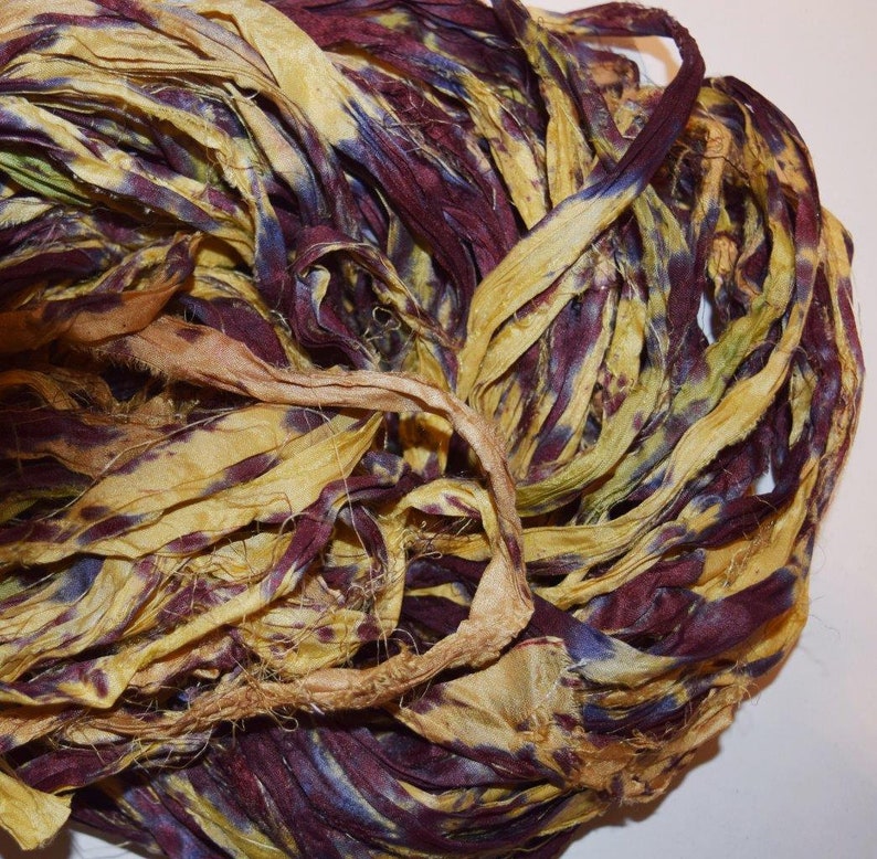 10 yards Recycled Sari Silk Ribbon Yarn green tie dye