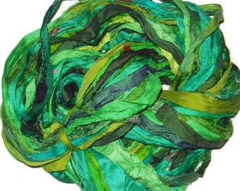 10 yards  Green Recycled Sari Silk Ribbon Yarn