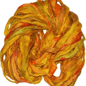 10 Yards Recycled Sari Silk Ribbon Yarn: Bright Yellow Orange Upcycled Ribbon