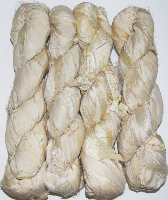 Off White Recycled Sari Silk Ribbon Yarn: 10 Yards, Handmade...