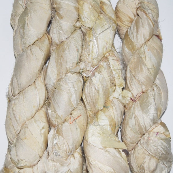 No Tariff! Off White Recycled Sari Silk Ribbon Yarn: Upcycled 50gr, 30 Yards