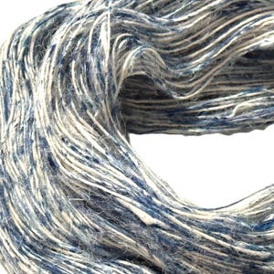 May include: Close-up of a skein of yarn with a mix of blue and white fibers. The yarn is tightly wound, creating a textured, layered appearance. The color combination and texture suggest a craft or textile product.