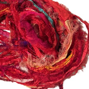 100g Red Burgundy Fluffy Ribbon Eyelash Textured Distressed Bright Recycled Sari Silk Ribbon Yarn  Shabby Chic Fiber