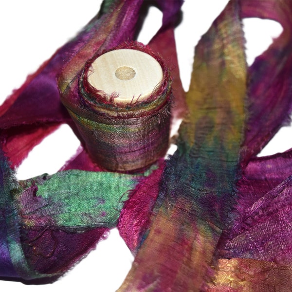 Tie Dye Recycled Sari Silk Ribbon Yarn - Hot Pink Aqua - 1 Inch Wide