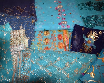 25 QTY 8"X8" Blue mix Embroidered Beaded swatches, Sari Vintage, Dupatta for Junk Journal, Bohemian Material, textile Bundle