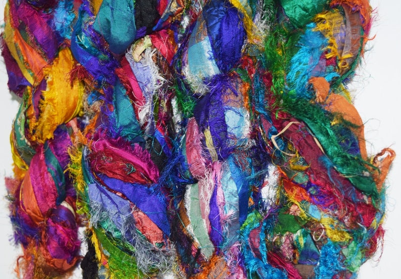 10 yards fancy mulri Recycled Sari Silk Ribbon Yarn Upcycled Silk Ribbon Tassel Ribbon