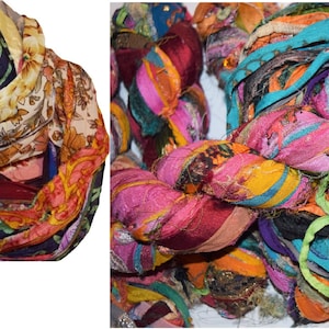 No Tariff! 100g Recycled Chiffon Sari Silk Ribbon Yarn: Multi Print & Embroidered