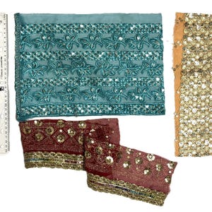 Embroidered Sari Silk Ribbon Bundle: Bohemian Junk Journal Textile 3 psc 12&quot;x5&quot;