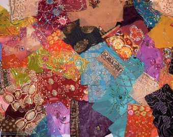 No Tariff! Embroidered Beaded Sari Swatches: Bohemian Textile Bundle