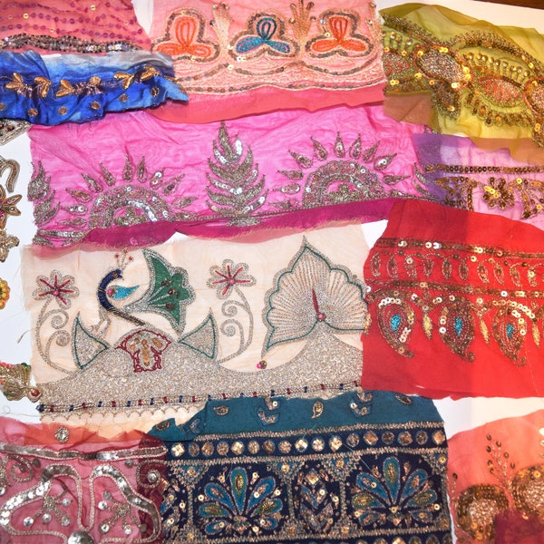 Embroidered sari silk scraps,antique sequins vintage sari trim lace