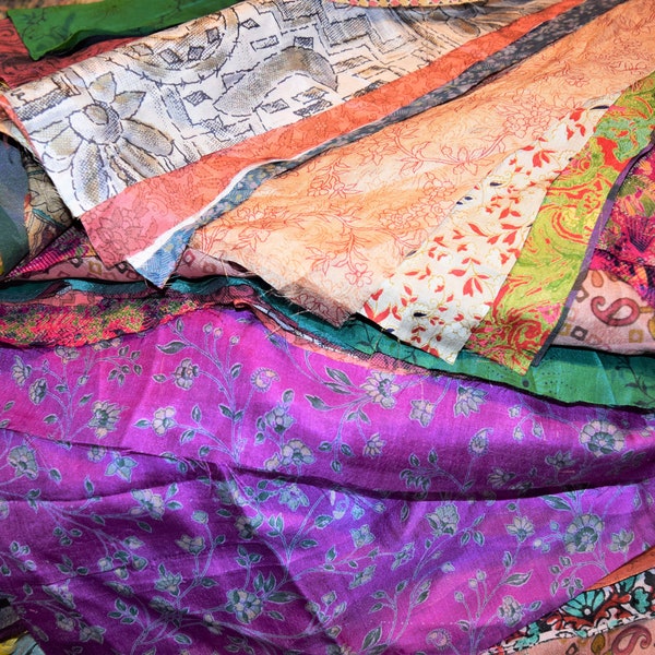 8X30", 10"X30", 12X30" Huge Lot Silk Vintage Sari Fabric remnants scrap Bundle or By Weight
