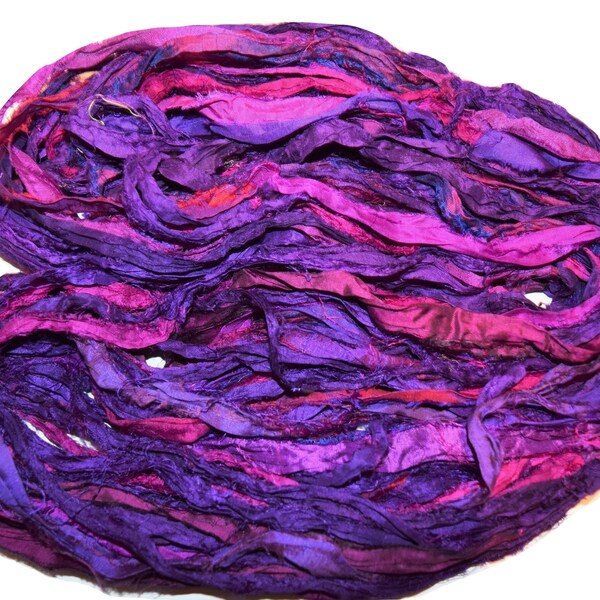 10 yards Purple Fuschia Recycled Sari Silk Ribbon Yarn Upcycled