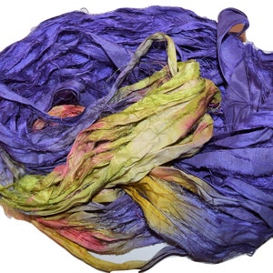 10 yards Purple Yellow Recycled Sari Silk Ribbon Yarn