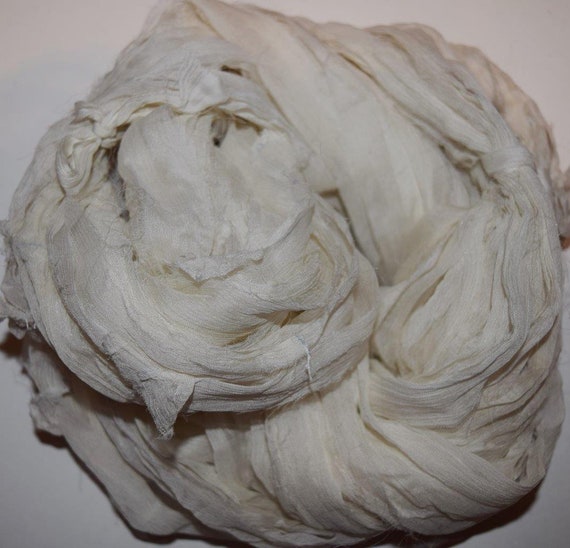 CLEARANCE 10 Yards White Recycled Chiffon Sari Silk Ribbon Yarn