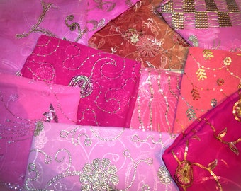 25 QTY 8"X8" Pink mix Embroidered Beaded swatches, Sari Vintage, Dupatta for Junk Journal, Bohemian Material, textile Bundle