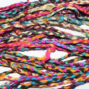 Braided 3 PLY Cord Cording Sari Recycled Silk Ribbon Yarn multicolored  Textile Cord for Jewelry Gift Wrap