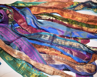 10 yards wide Zari Border Lurex Recycled Sari Silk Ribbon Yarn Upcycled, great for fabric beads