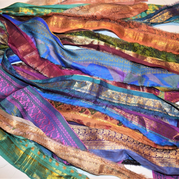 10 yards wide Zari Border Lurex Recycled Sari Silk Ribbon Yarn Upcycled, great for fabric beads