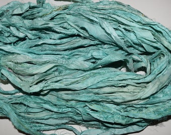 New 10 yards Sea Green Recycled Sari Silk Ribbon Yarn Upcycled, Bulky, Jewelry, Craft, Weave, Silk Ribbon