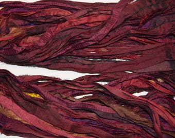 10 yards  Brown burgundy Recycled Sari Silk Ribbon Yarn