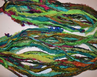 No Tariff! 5 yards  Green multi Fluffy Recycled Sari Silk Ribbon Yarn