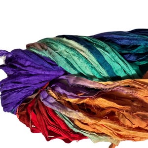 100g Ribbon Textured Bright Recycled Sari Silk Ribbon Yarn  Shabby Chic Fiber