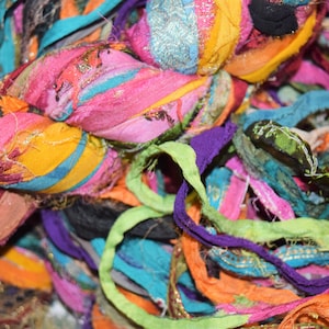 Embroidered Embellishment Multi Print Recycled Chiffon Sari Silk Ribbon Yarn 10/70 yards