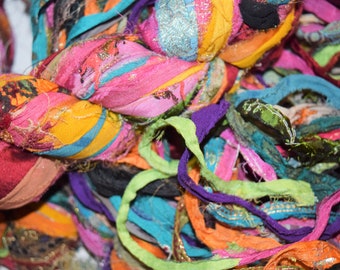 Embroidered Embellishment Multi Print Recycled Chiffon Sari Silk Ribbon Yarn 10/70 yards