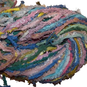 No Tariff! 100g mix frayed Frizz Recycled Cotton Ribbon Yarn, Upcycled, Crochet, Knit, Jewelry, Craft, Weave