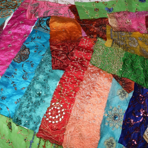 Embroidered sari silk scraps,silk fabric remnants, antique sequins vintage sari trim lace