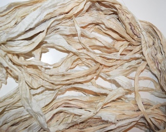 Cream Recycled Sari Silk Ribbon Yarn: Bulky Knit Crochet Weave, 10 Yards