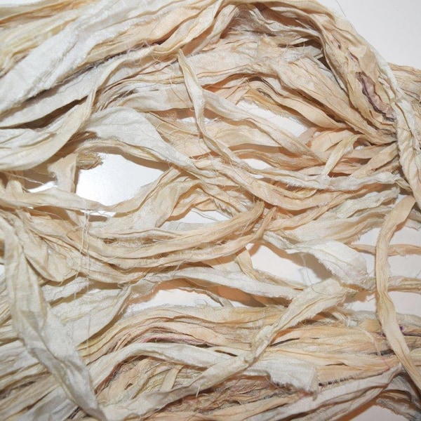 10 yards Cream shades Recycled Sari Silk Ribbon Yarn, Gray, Grey, Upcycled, Bulky, Crochet, Knit, Jewelry, Craft, Weave