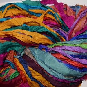 10 yards  Bright multi Recycled Sari Silk Ribbon Yarn, Upcycled,  Silk Ribbon