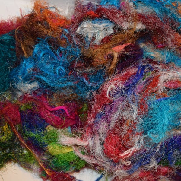 1/2/3 oz Sari Silk waste, threads, leftover art yarn for Mixed Media Felting Spinning Silk Paper Weaving Fiber, Textile Art Supply