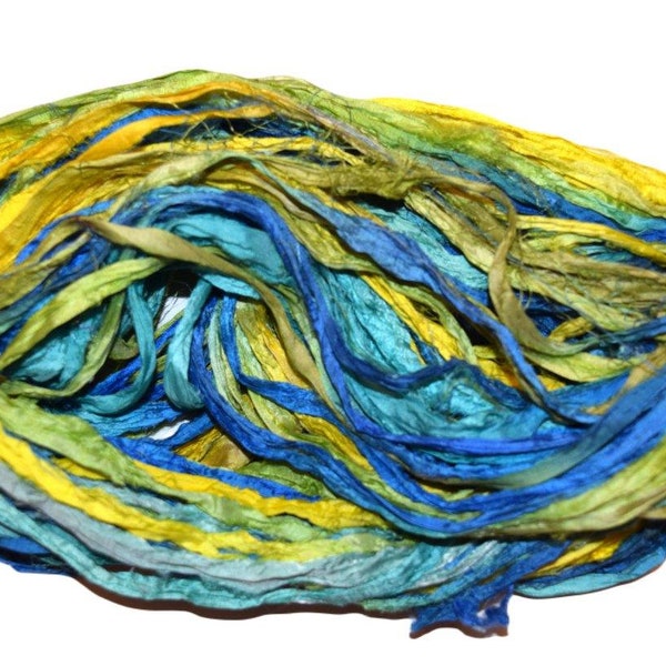 Aqua Yellow Recycled Sari Silk Ribbon Yarn