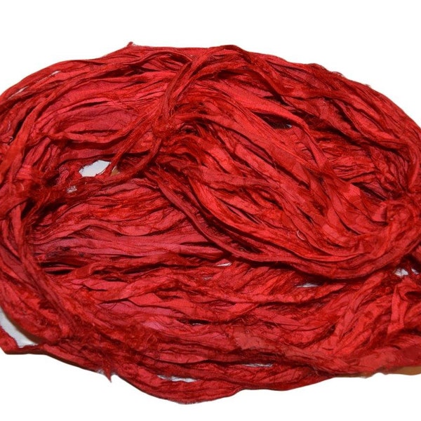 Red Recycled Sari Silk Ribbon Yarn