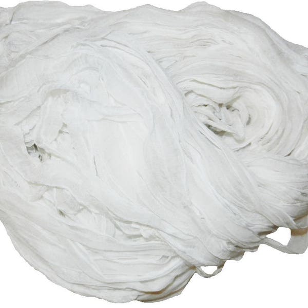 CLEARANCE 10 yards  White Recycled chiffon Sari Silk Ribbon Yarn,  Upcycled, Bulky, Jewelry, Craft, Weave, Silk chiffon Ribbon