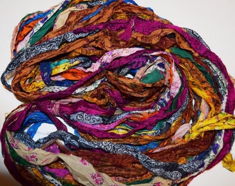 Free shipping 10 yards Earth Print Recycled Sari Silk Ribbon Yarn, Upcycled, Crochet, Knit, Jewelry, Craft, Weave, Sari Silk Tassel Necklace