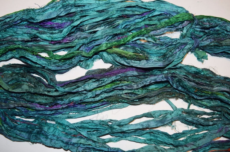 embellishment Aqua Multi for tassels 10 yards Recycled Sari Silk Ribbon Yarn