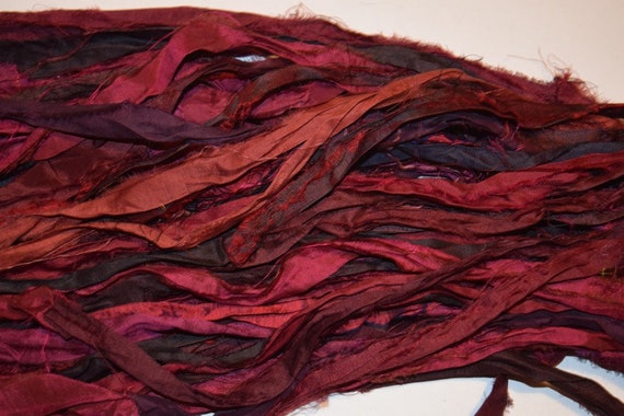 10 yards Burgundy Pinkish multi Recycled Sari Silk Ribbon Yarn Silk Ribbon Upcycled
