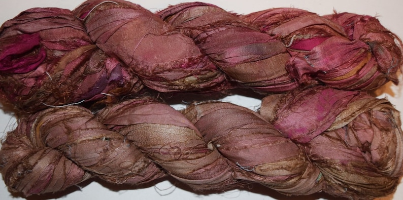 10 yards Burgundy Pinkish multi Recycled Sari Silk Ribbon Yarn Silk Ribbon Upcycled