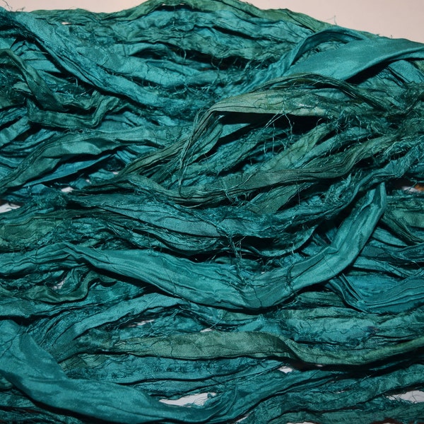 CLEARANCE 10 yards Aqua Recycled Sari Silk Ribbon Yarn, Upcycled, Crochet, Knit, Jewelry, Craft, Weave, Sari Silk Tassel Necklace