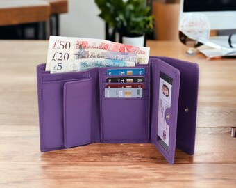 Women's RFID BLOCKING Purple Leather Wallet Ladies Purse With Coin Pocket Pouch ID Window And Credit Card And Key Holder 5545